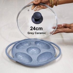 Grey Ceramic Pitha Pan Non stick Marble Coated with glass lid