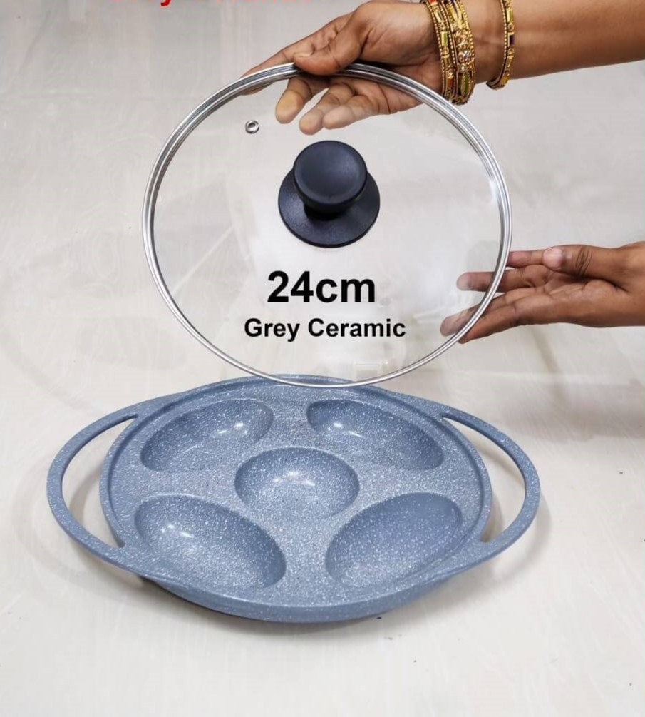 Grey Ceramic Pitha Pan Non stick Marble Coated with glass lid