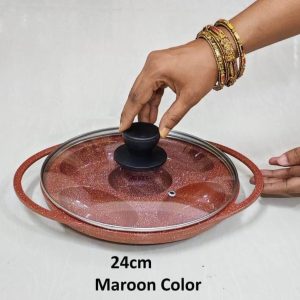 Maroon Pitha Pan Non stick Marble Coated with glass lid